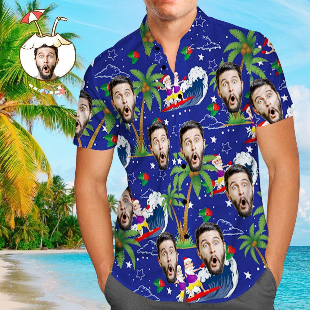 Custom Face Shirt Personalized Photo Men's Hawaiian Shirt Christmas Gift - Surfing Santa - MyFaceSocksEU
