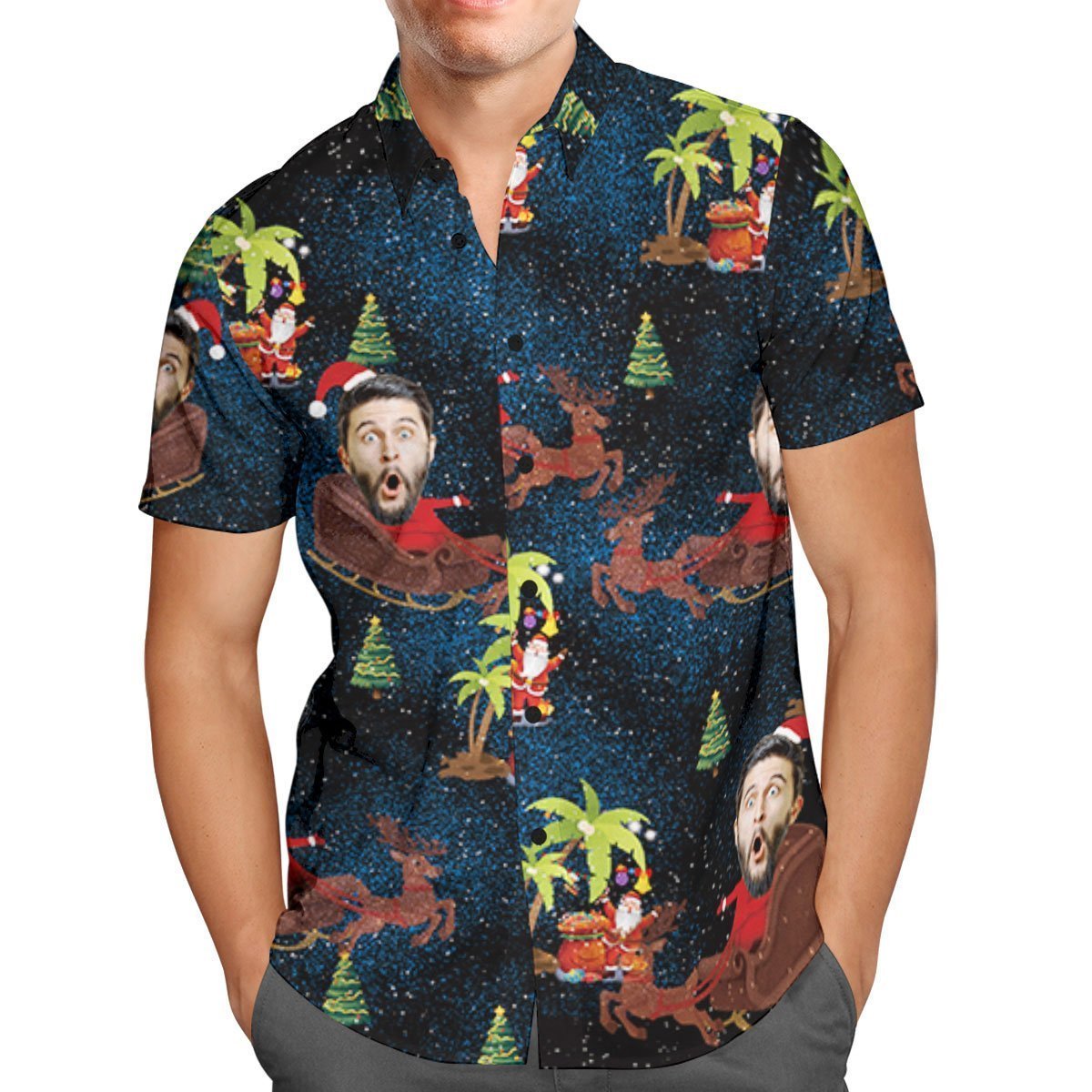 Custom Face Personalized Christmas Hawaiian Shirt Reindeer Pulling a Sleigh Christmas Gift - MyFaceSocksEU