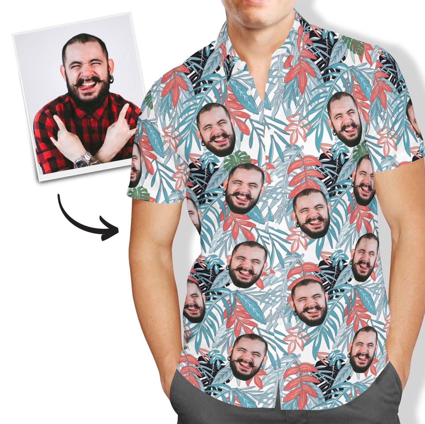 Custom Face Hawaiian Shirt Men's All Over Print Leaves - facesockseur