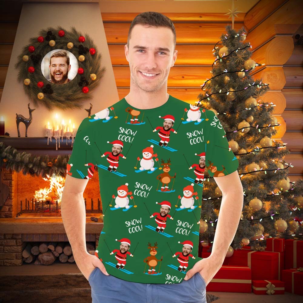 Custom Face Men's T-shirt Personalized Photo Green Santa T-shirt - Snow Cool - MyFaceSocksEU