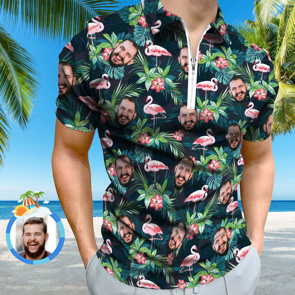 Custom Men's Polo Shirt with Zipper Personalized Face Hawaiian Style Polo Shirt - MyFaceSocksEU