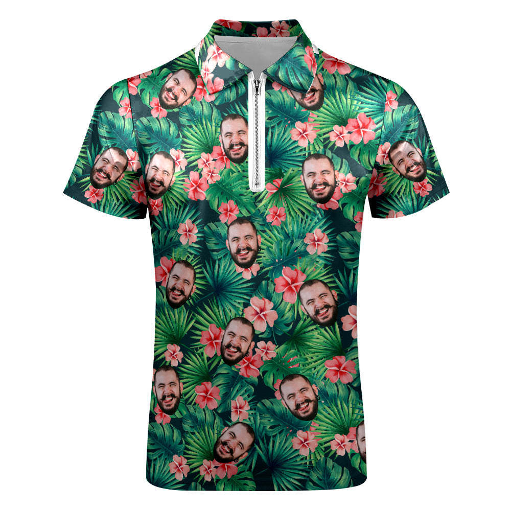 Custom Polo Shirt with Zipper Personalized Face Hawaiian Style Men's Polo Shirt - MyFaceSocksEU