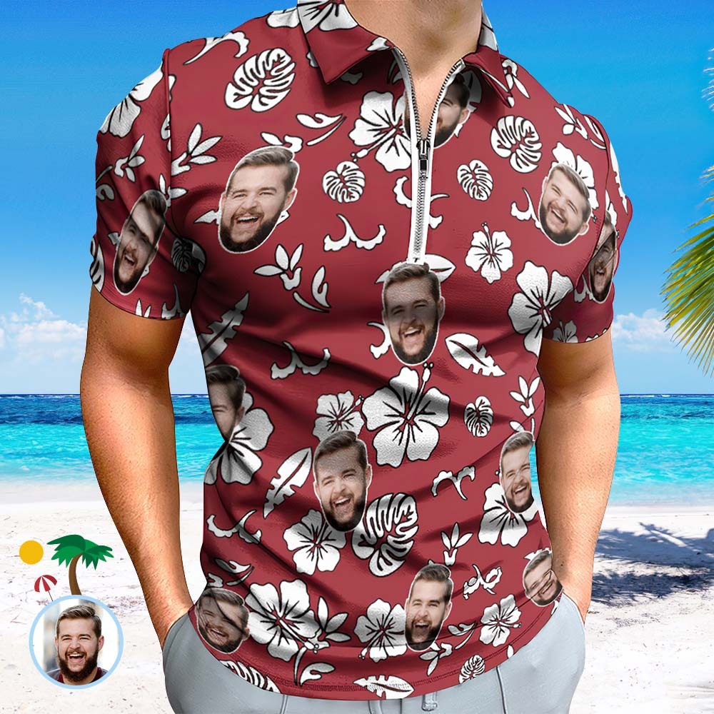 Custom Red Flowers Men's Polo Shirt Personalized Face Funny Polo Shirt with Zipper - MyFaceSocksEU