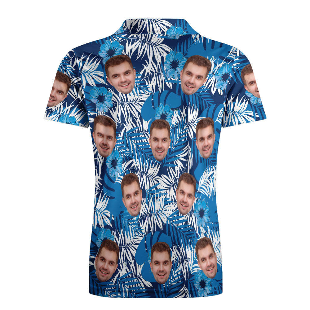 Men's Custom Face POLO Shirt Personalized Golf Shirts For Him Blue Leaves - MyFaceSocksEU