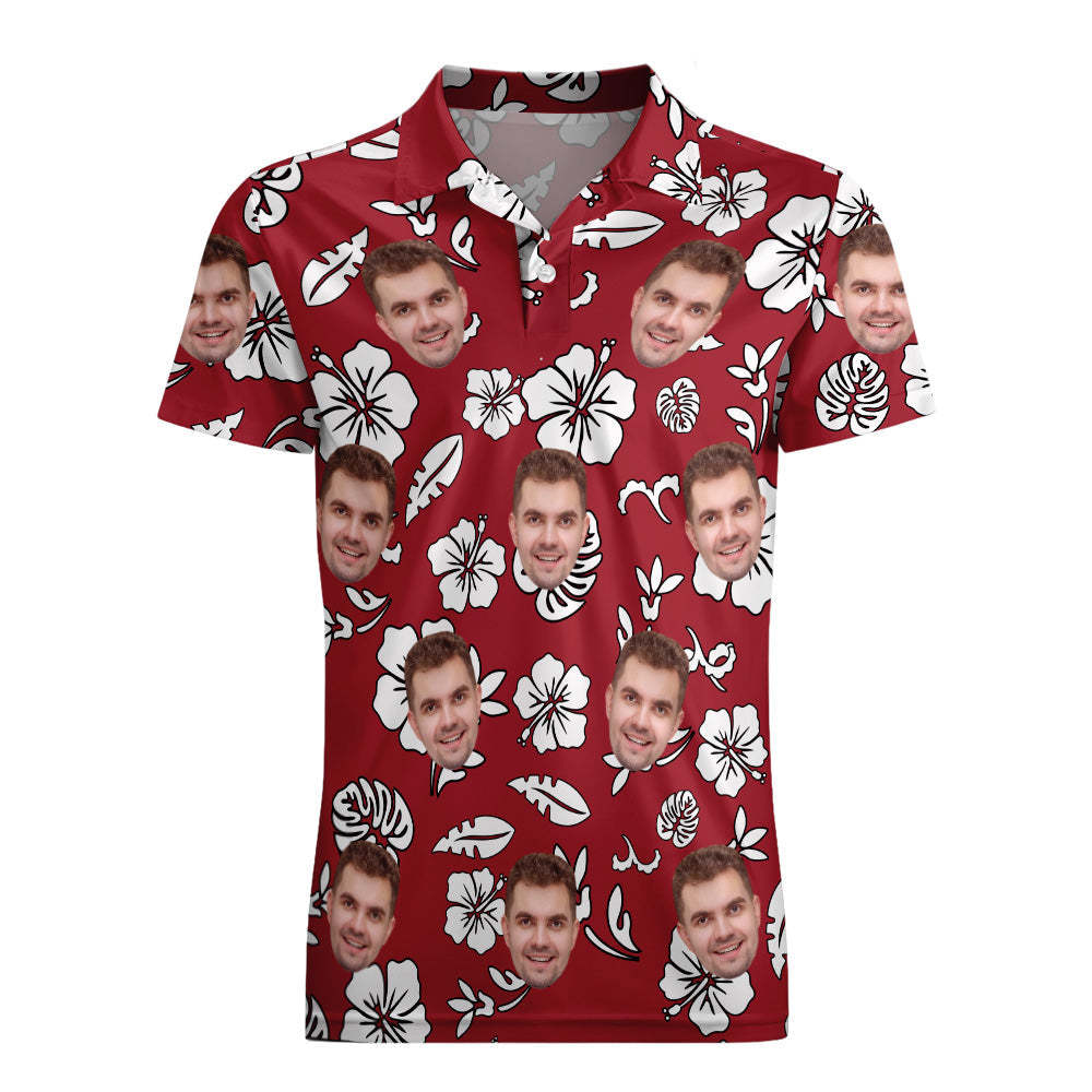 Men's Custom Face POLO Shirt Personalized Red Golf Shirts For Him White Leaves - MyFaceSocksEU