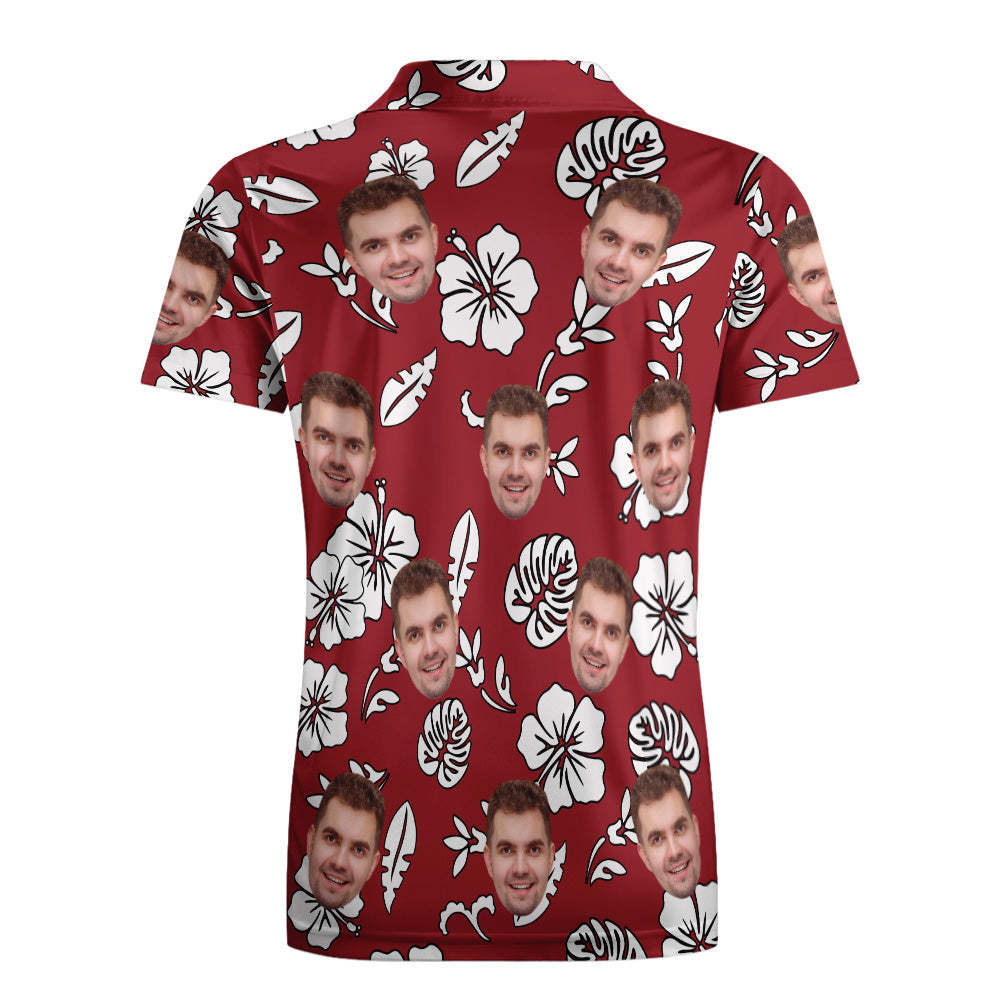 Men's Custom Face POLO Shirt Personalized Red Golf Shirts For Him White Leaves - MyFaceSocksEU