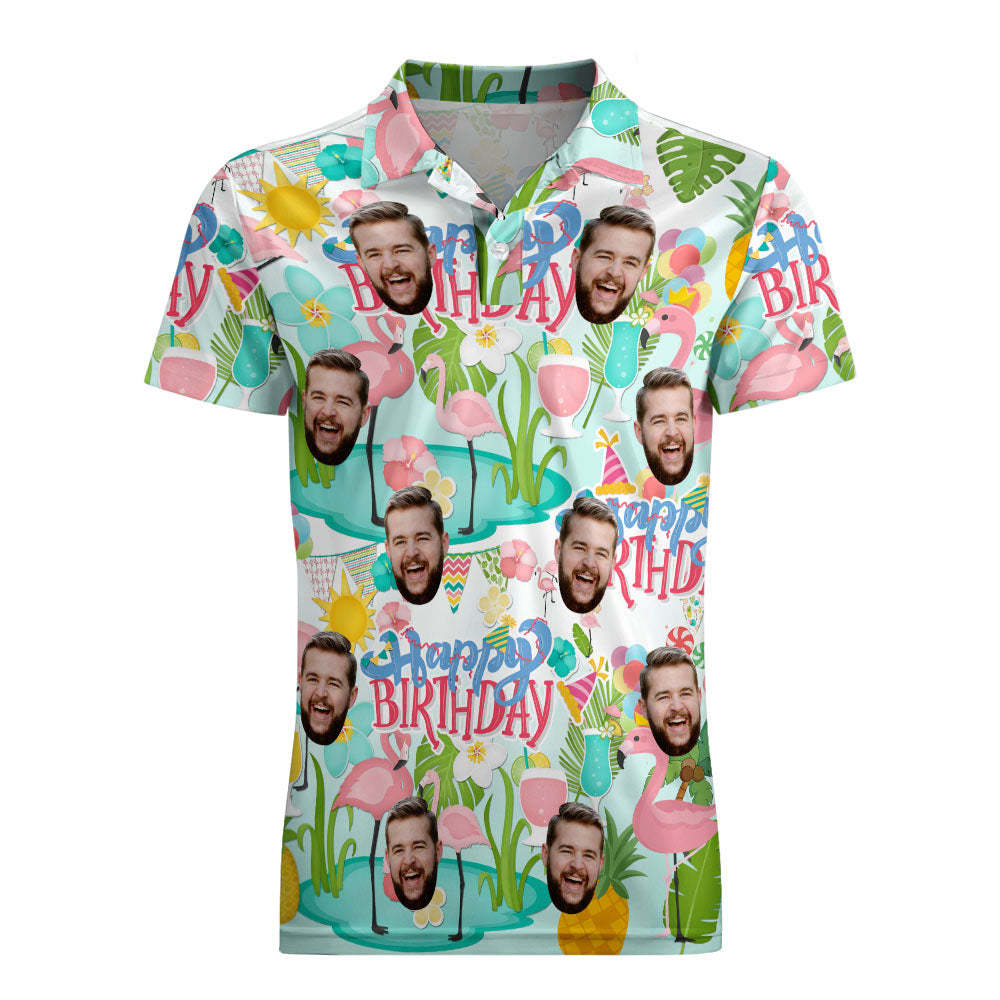 Custom Polo Shirt Hawaiian Golf Polo Shirts Happy Birthday Flamingo Party - MyFaceSocksEU