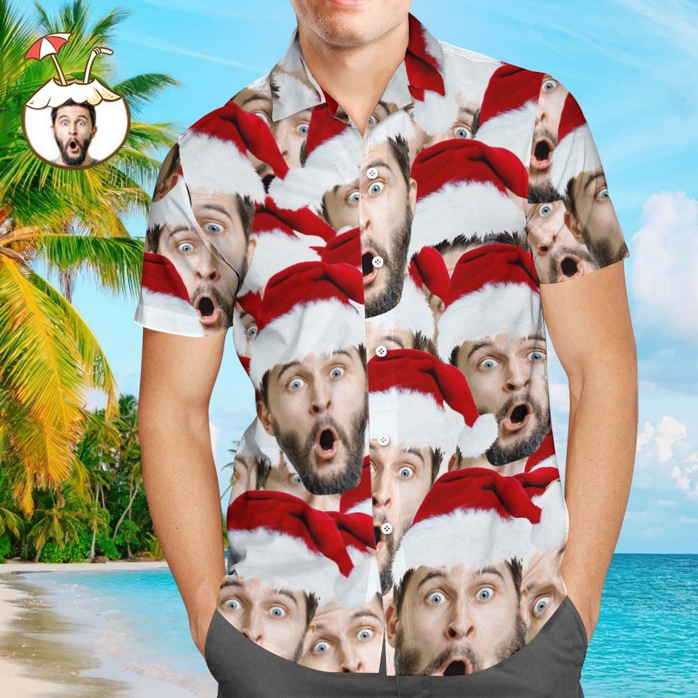 Custom Face Shirt Personalised Photo Men's Hawaiian Shirt Christmas Gift - Santa Face Mash