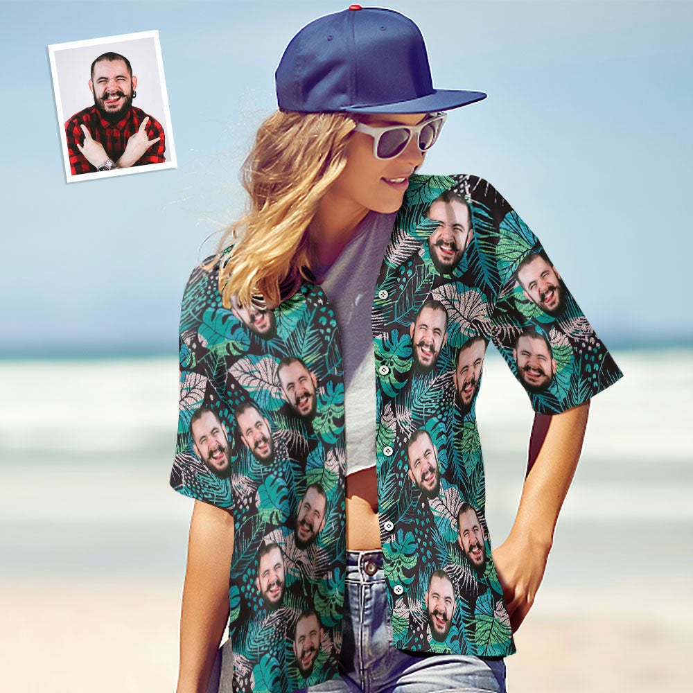 Custom Face Shirt Personalized Photo Women's Hawaiian Shirt Gift - Large Leaves Short Sleeve Shirt - MyFaceSocksEU
