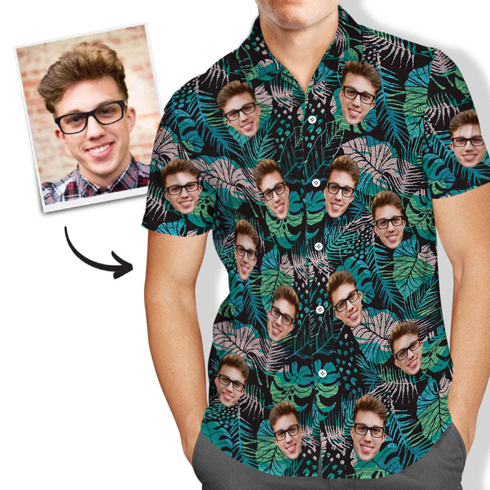 Custom Face Hawaiian Shirt Men's All Over Print Large Leaves Short Sleeve Shirt - myfacesocks