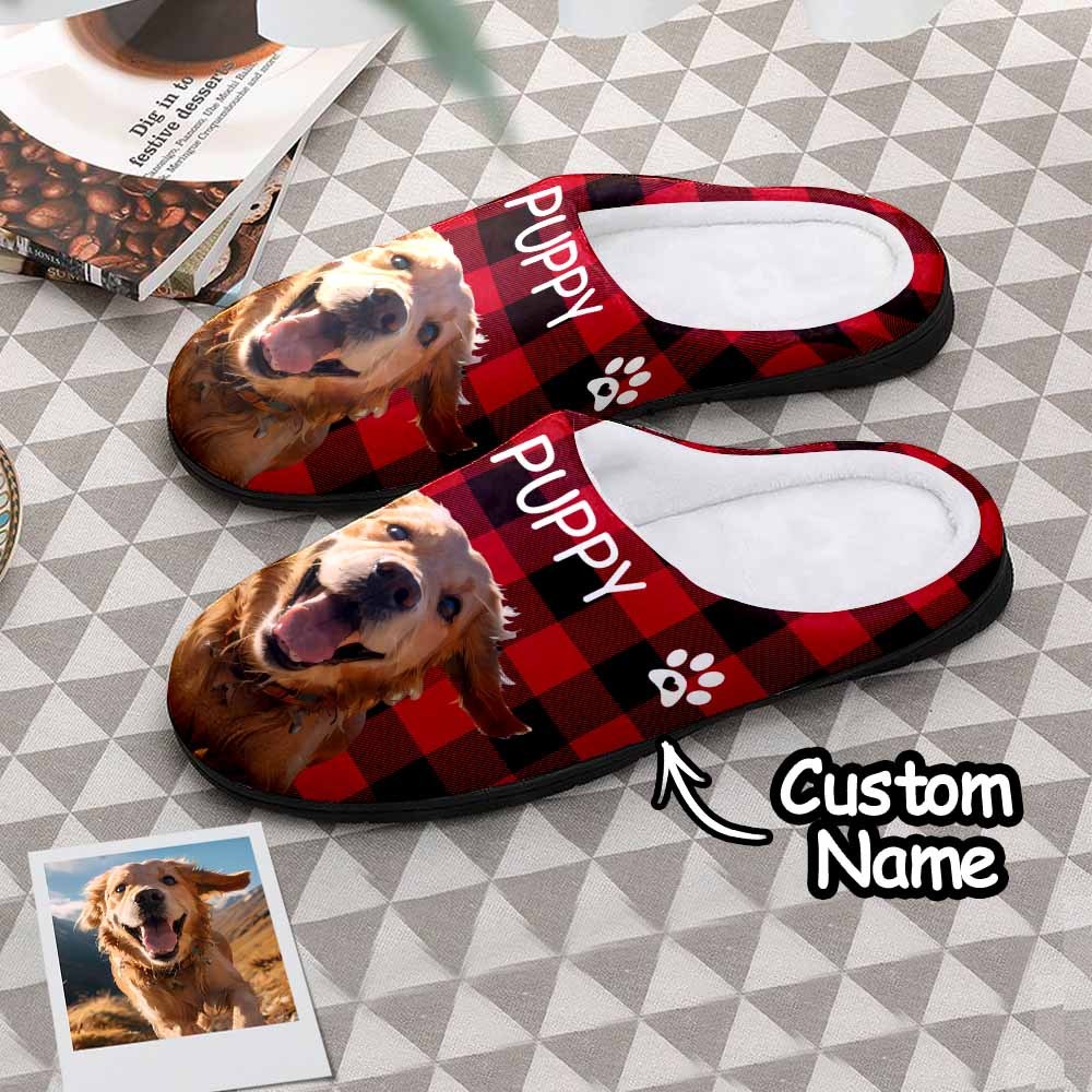 Custom Photo and Name Women Men Slippers With Footprint Personalized Red Casual House Cotton Slippers Christmas Gift For Pet Lover - MyFaceSocksEU