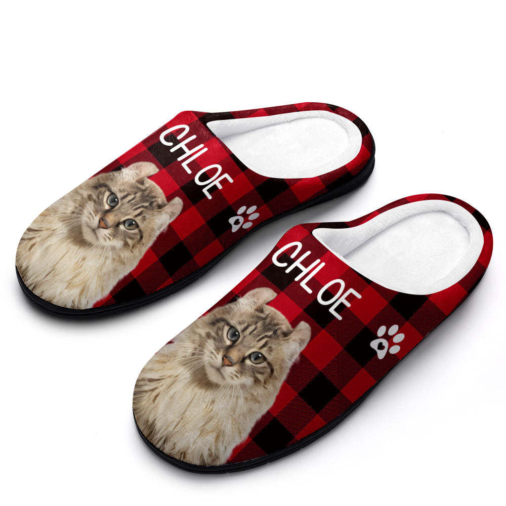 Custom Photo and Name Women Men Slippers With Footprint Personalized Red Casual House Cotton Slippers Christmas Gift For Pet Lover - MyFaceSocksEU