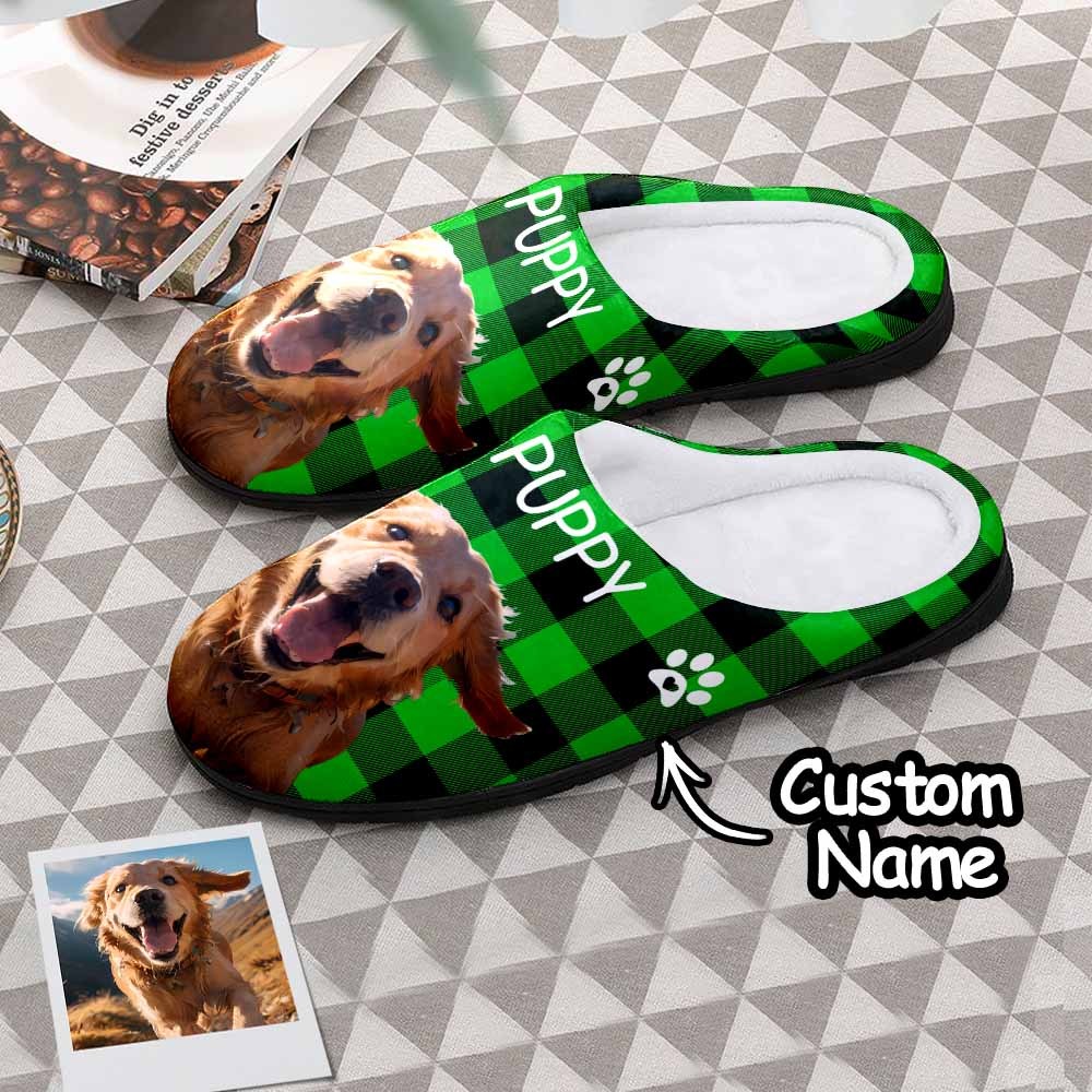 Custom Photo and Name Women Men Slippers With Footprint Personalized Red Casual House Cotton Slippers Christmas Gift For Pet Lover - MyFaceSocksEU