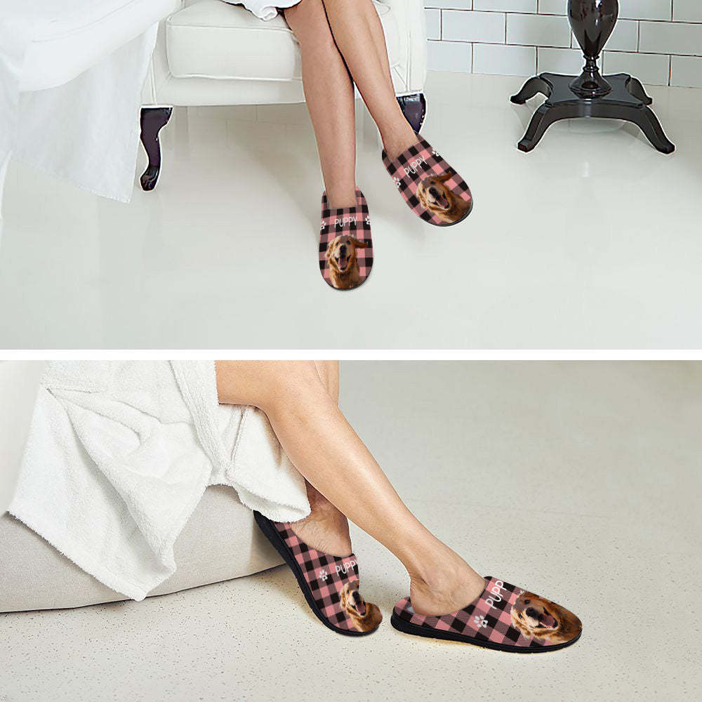 Custom Photo and Name Women Men Slippers With Footprint Personalized Red Casual House Cotton Slippers Christmas Gift For Pet Lover - MyFaceSocksEU