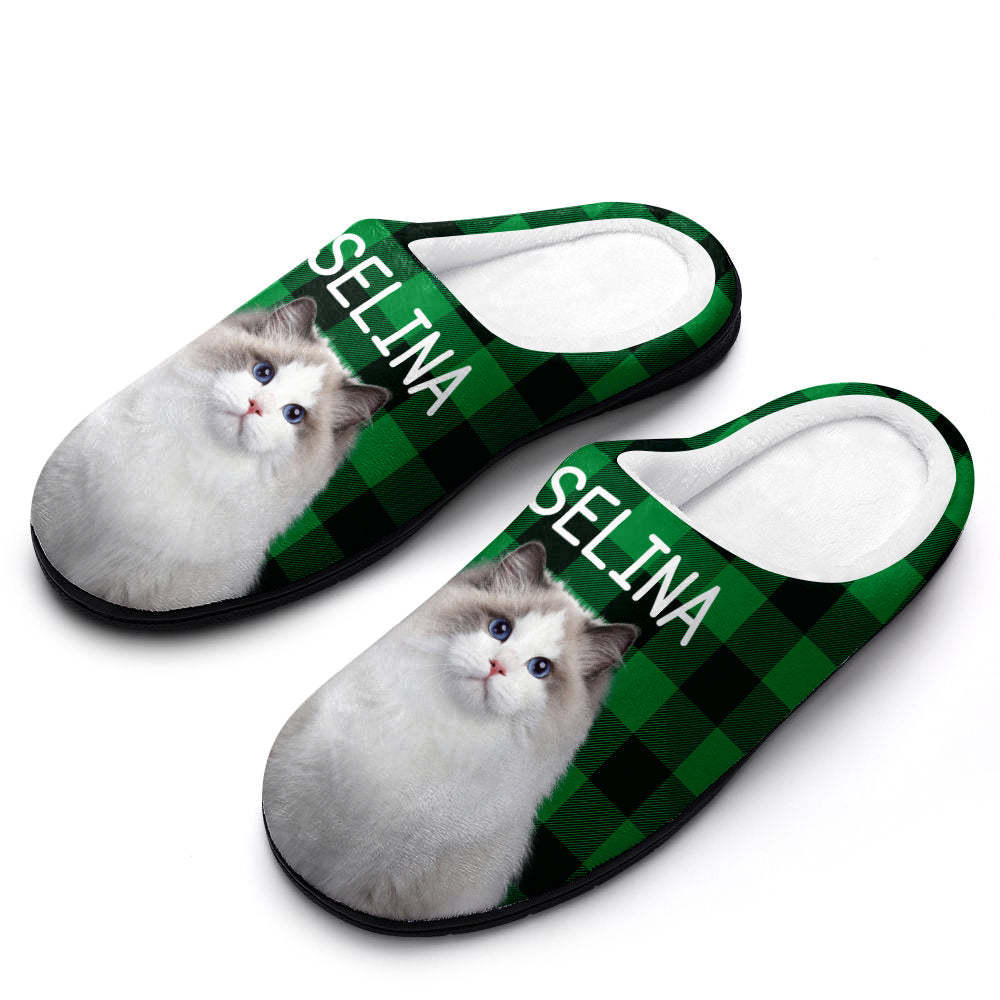Custom Photo Women's and Men's Slippers Personalized Casual House Cotton Slippers Christmas Gift Pet Cat Blue - MyFaceSocksEU