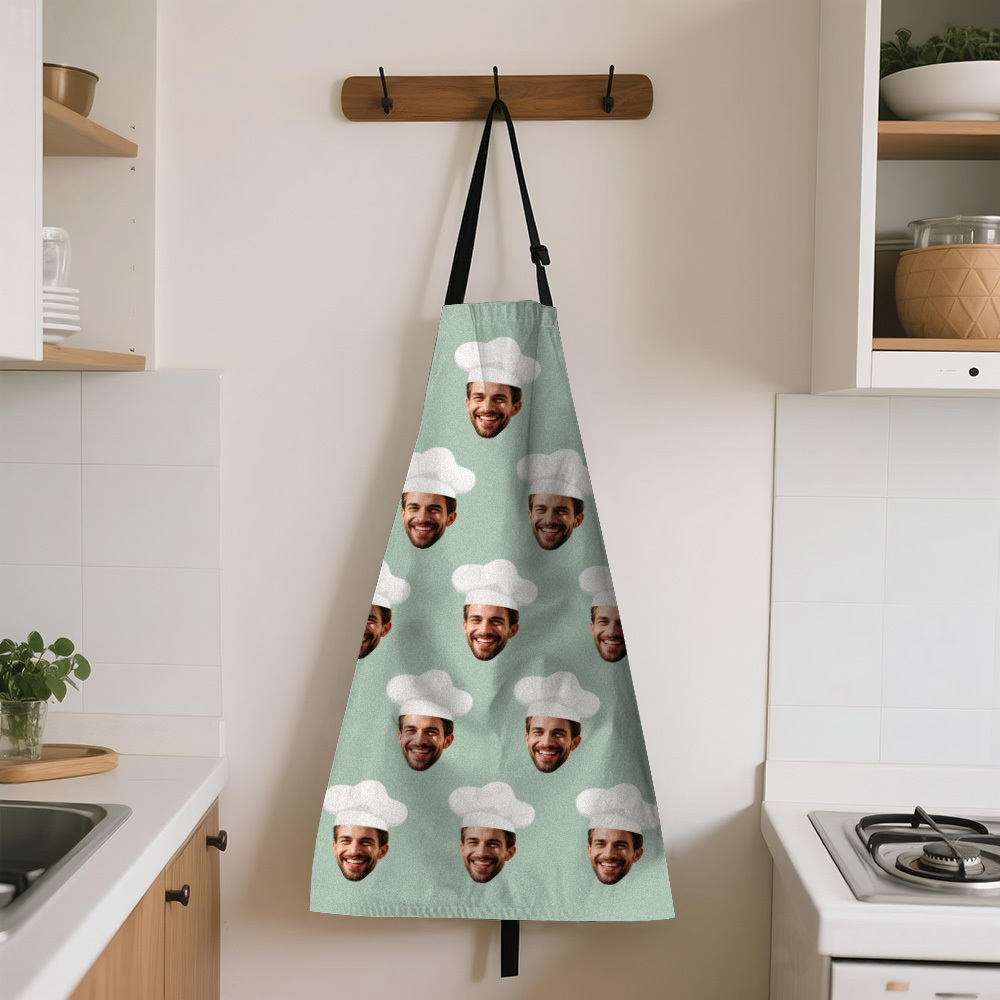 Custom Face Photo Apron Personalized Chef Hat Green Apron Gift For Dad Gradnpa - myfacesockseu