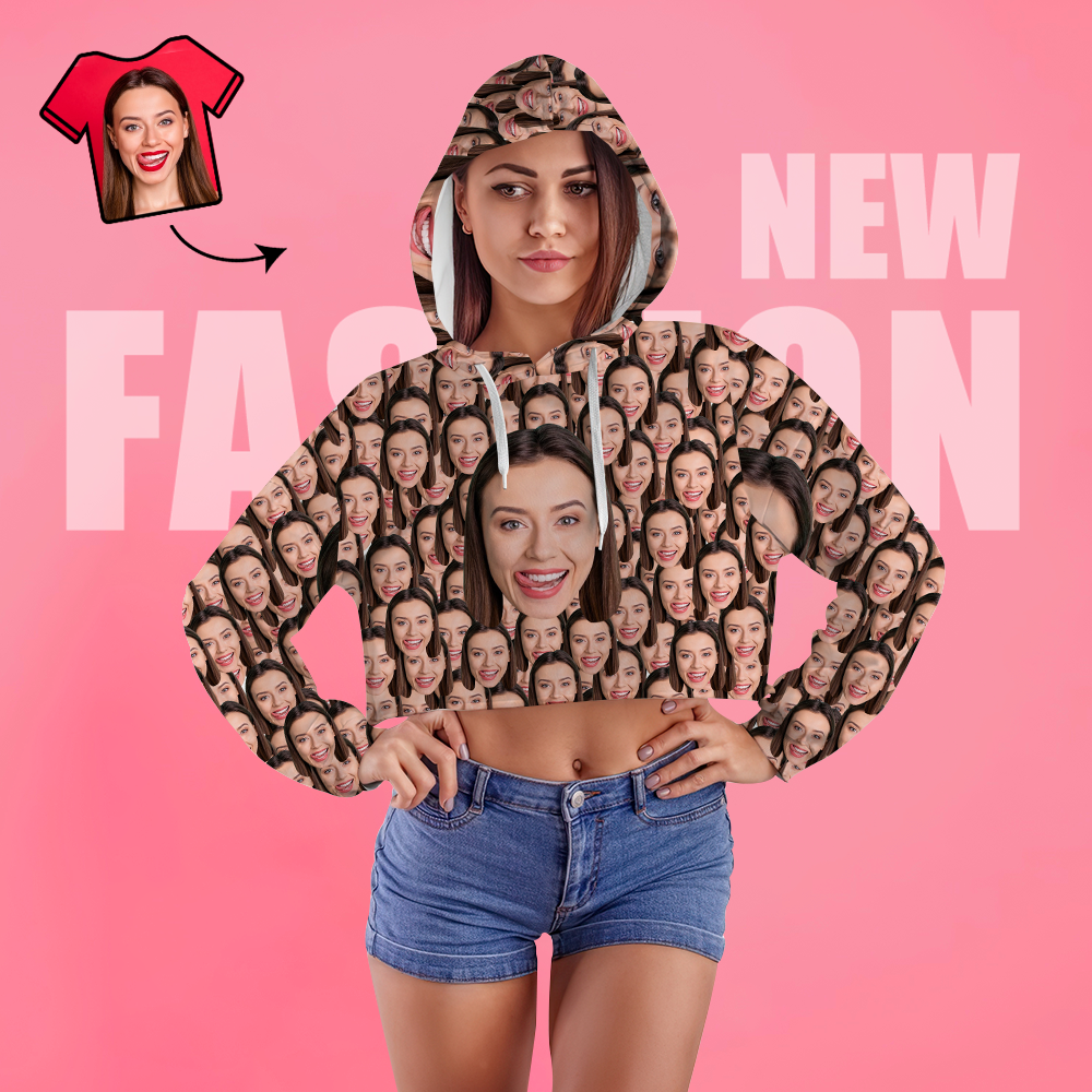 Custom Face Women's Cropped Hoodie Casual Printed Photo Pullover - Big Face - MyFaceSocksEU