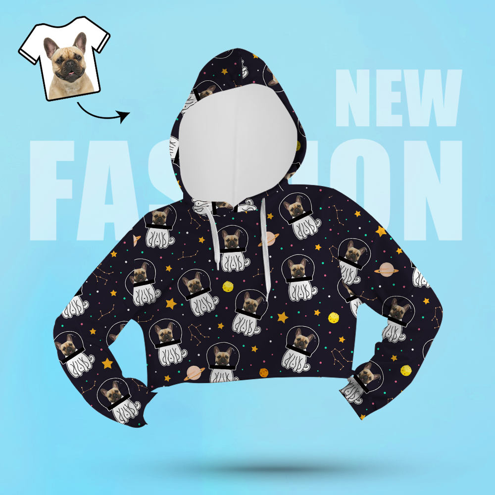 Custom Face Women's Cropped Hoodie Casual Printed Photo Black Pullover - Space Dog - MyFaceSocksEU