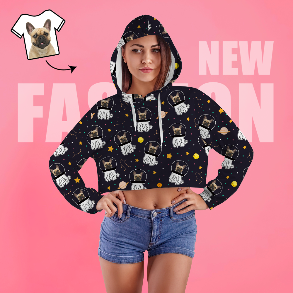 Custom Face Women's Cropped Hoodie Casual Printed Photo Black Pullover - Space Dog - MyFaceSocksEU