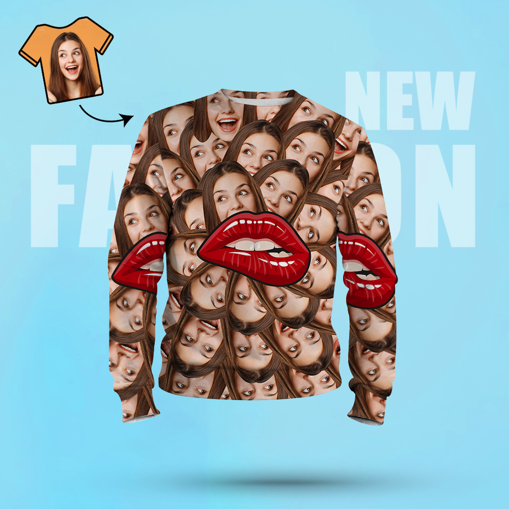 Custom Face Unisex Sweatshirt Casual Printed Photo Long Sleeve Shirt For Men Women - Lips - MyFaceSocksEU