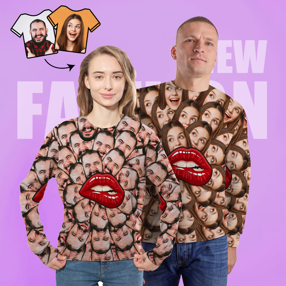 Custom Face Unisex Sweatshirt Casual Printed Photo Long Sleeve Shirt For Men Women - Lips - MyFaceSocksEU