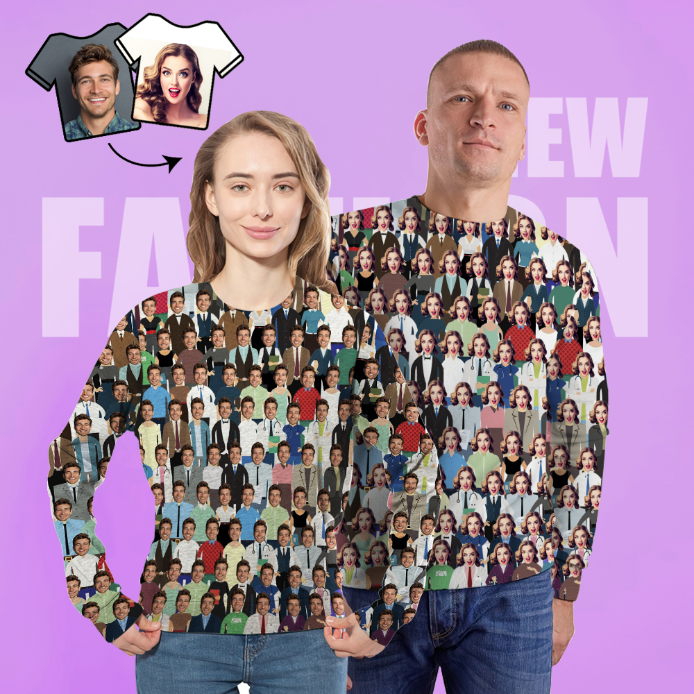 Custom Face Unisex Sweatshirt Casual Printed Photo Crewneck Shirt For Men Women - Crowd - MyFaceSocksEU
