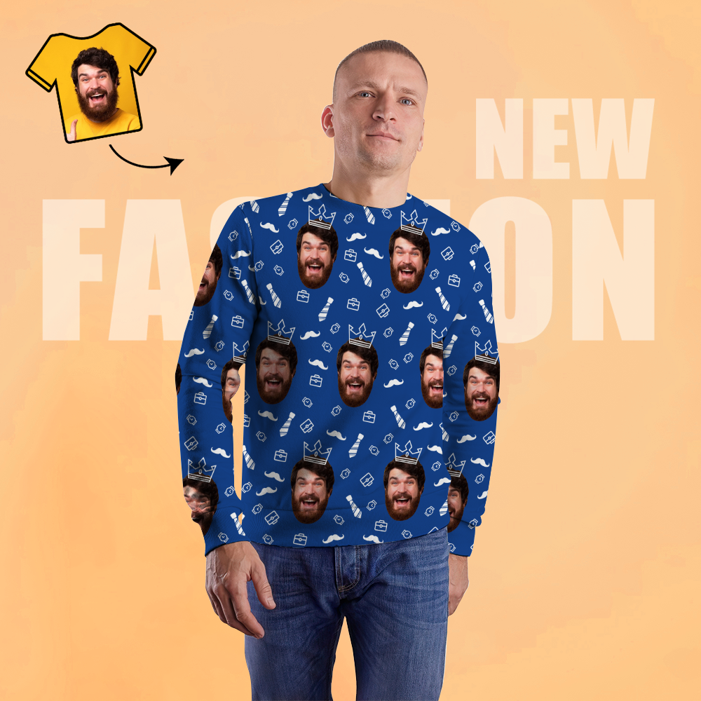 Custom Face Unisex Sweatshirt Casual Printed Photo Blue Crewneck Shirt For Men Women - Happy Father - MyFaceSocksEU