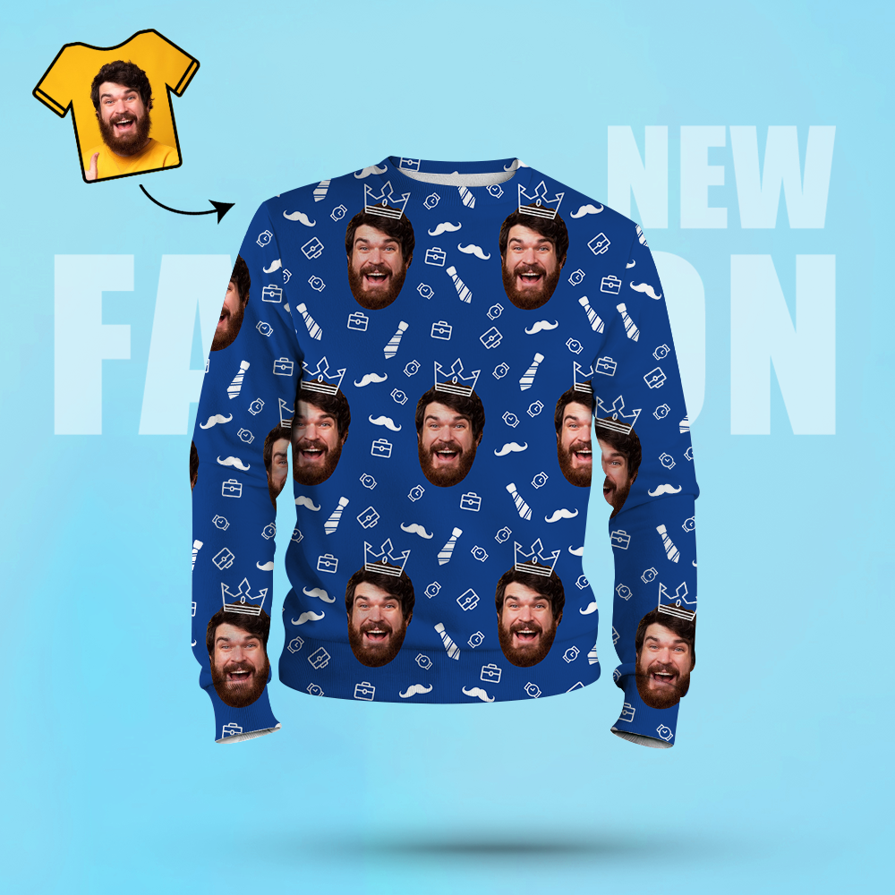 Custom Face Unisex Sweatshirt Casual Printed Photo Blue Crewneck Shirt For Men Women - Happy Father - MyFaceSocksEU