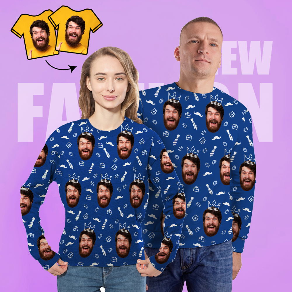 Custom Face Unisex Sweatshirt Casual Printed Photo Blue Crewneck Shirt For Men Women - Happy Father - MyFaceSocksEU