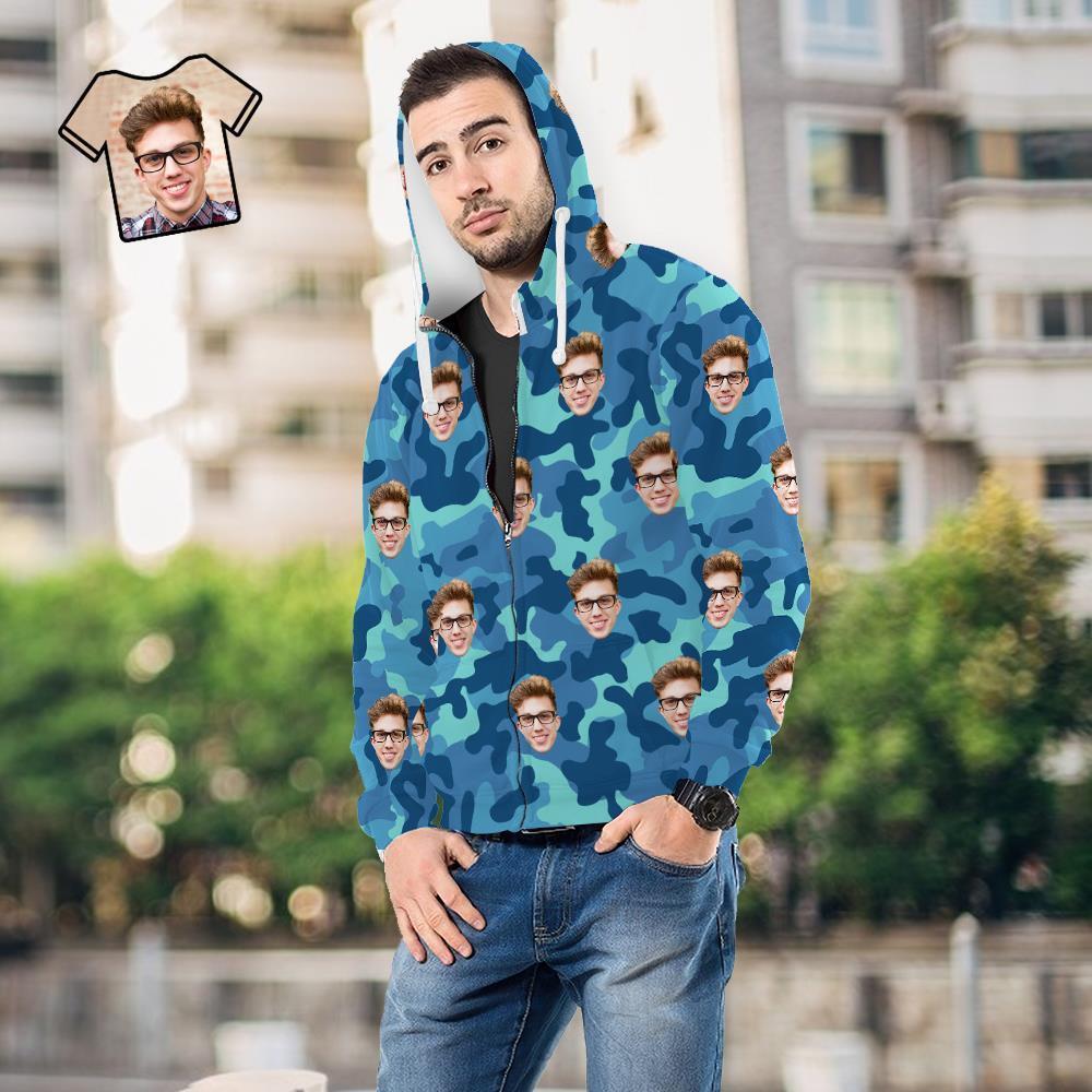 Custom Face Unisex Hoodie Casual Printed Steel Blue Camouflage - MyFaceSocksEU