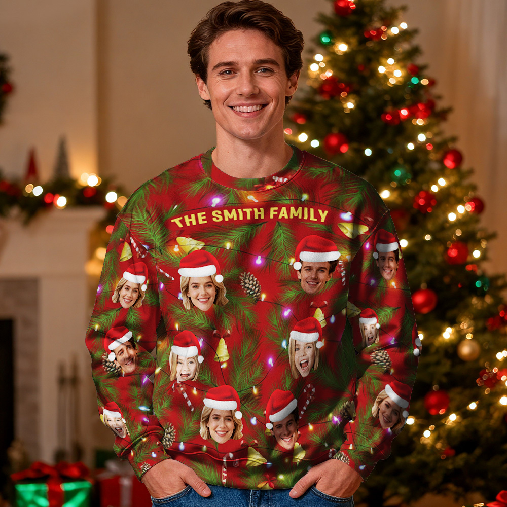 Custom Face Round Neck Hoodie Personalized Photo Gift For Family Christmas Light Bulbs Sweater - myfacesockseu