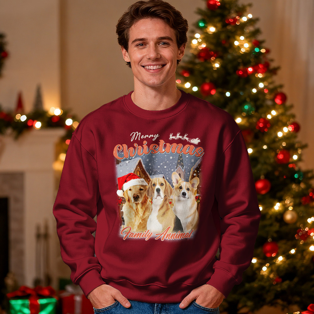 Custom Face Round Neck Hoodie Custom Your Pet Retro Vintage Portrait Christmas Sweatshirt - myfacesockseu