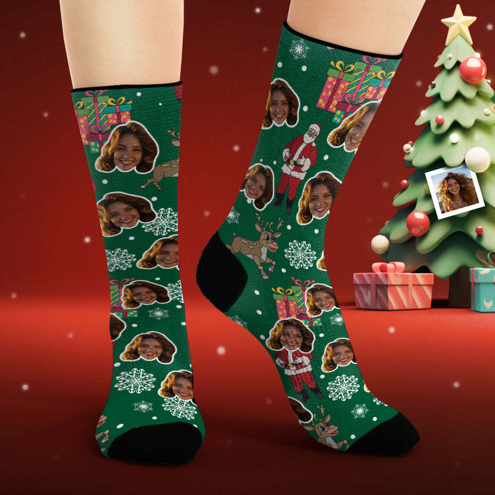 Custom Face Socks Personalized Photo Green Socks Santa Claus and Gifts Merry Christmas - MyFaceSocksEU
