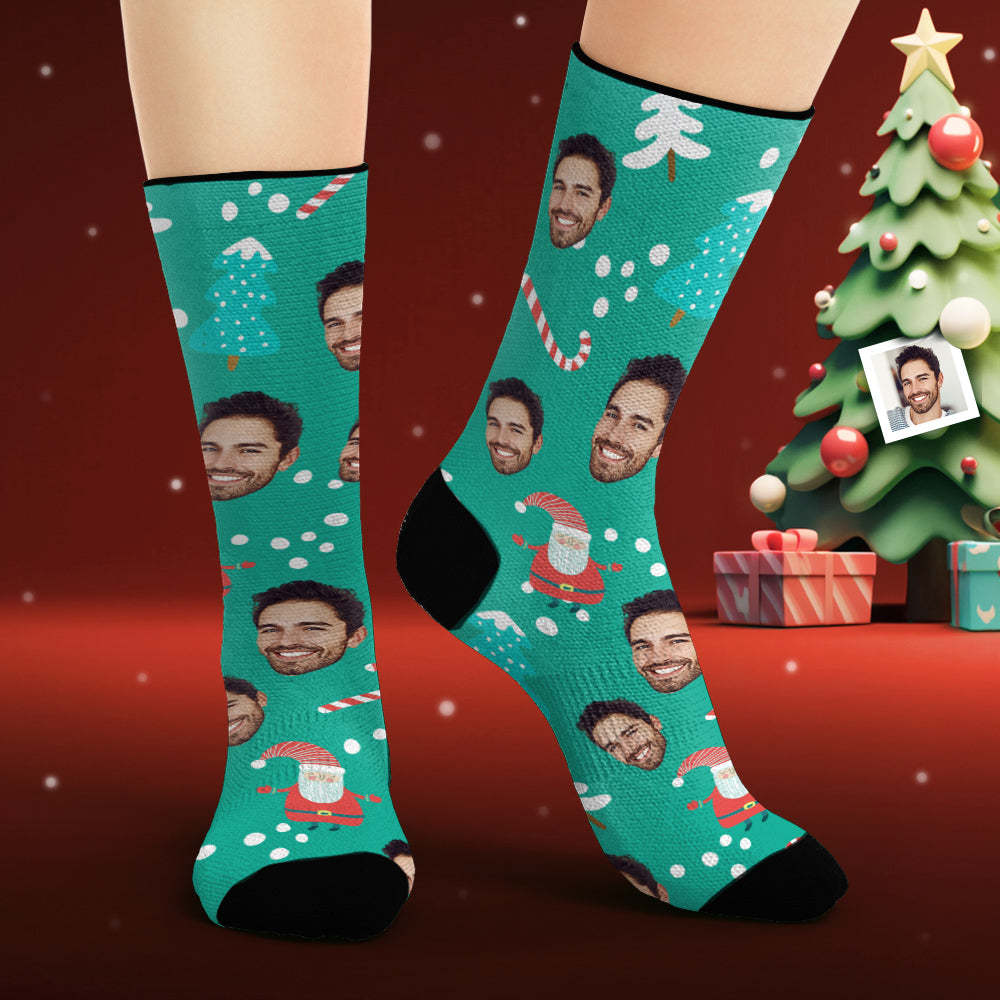 Custom Face Socks Personalized Photo Blue Socks Merry Christmas - MyFaceSocksEU