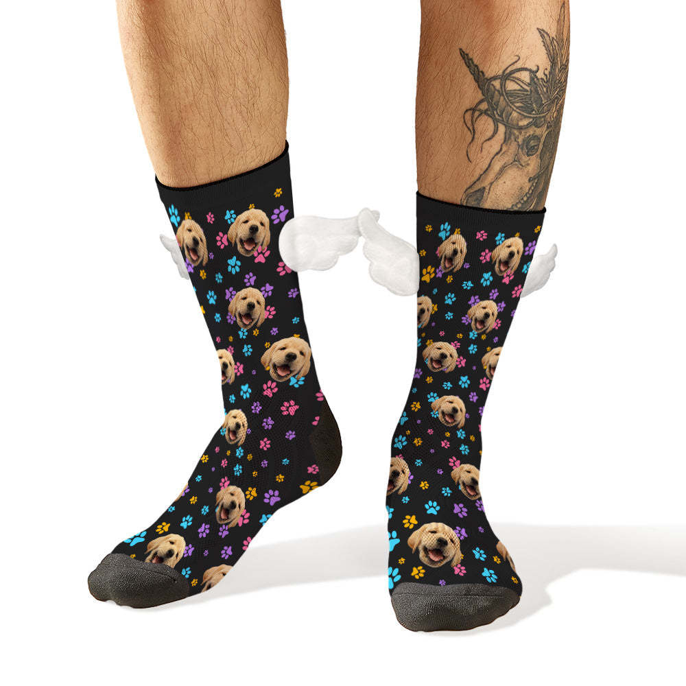Custom Dog Face Socks Colorful Dog Paw Prints 3D Magnetic Wing Socks for Pet Lover - MyFaceSocksEU