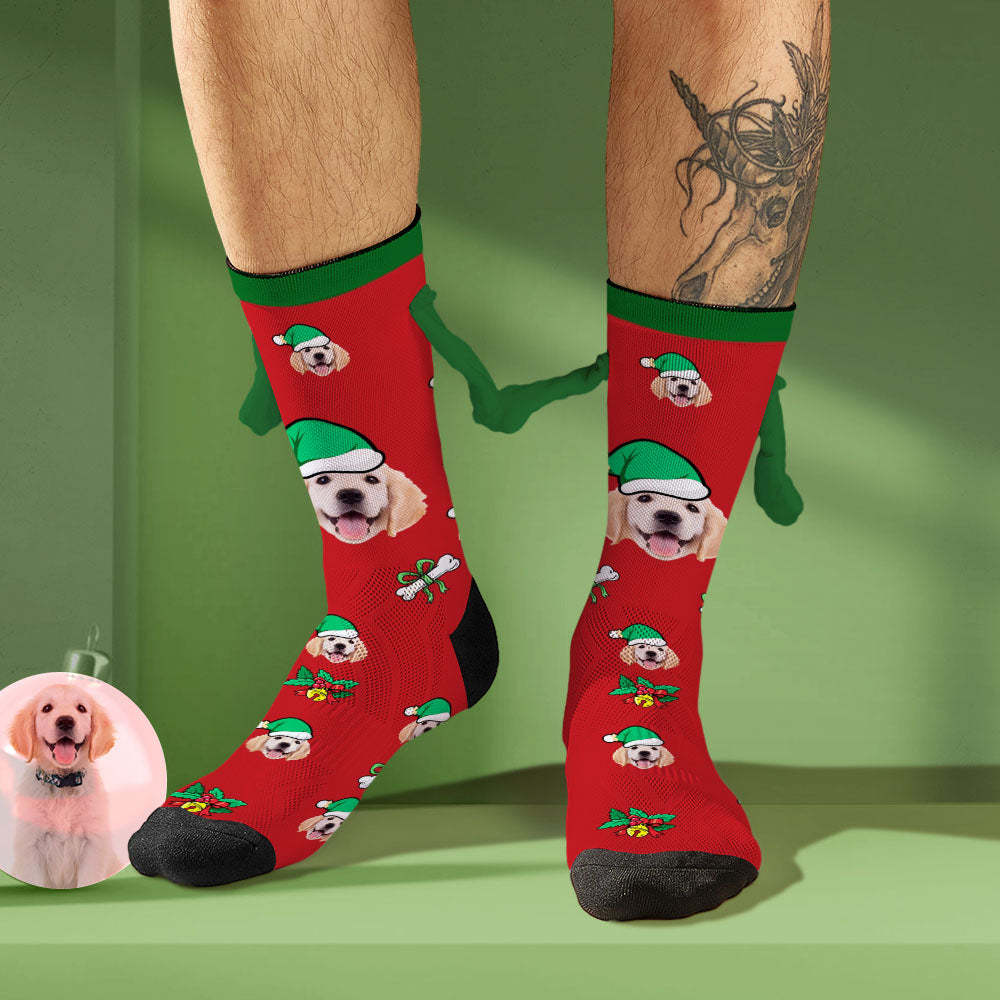 Custom Dog Face Socks with Santa Hat Funny Doll Mid Tube Socks Magnetic Holding Hands Socks Christmas Gifts - MyFaceSocksEU