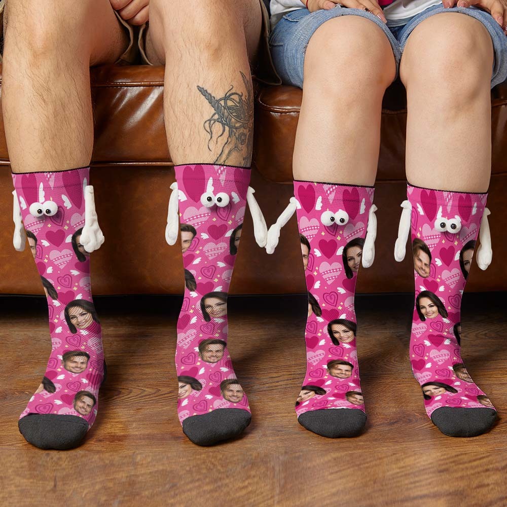 Custom Face Socks Funny Doll Mid Tube Socks Magnetic Holding Hands Socks Pink Heart Valentine's Day Gifts - MyFaceSocksEU