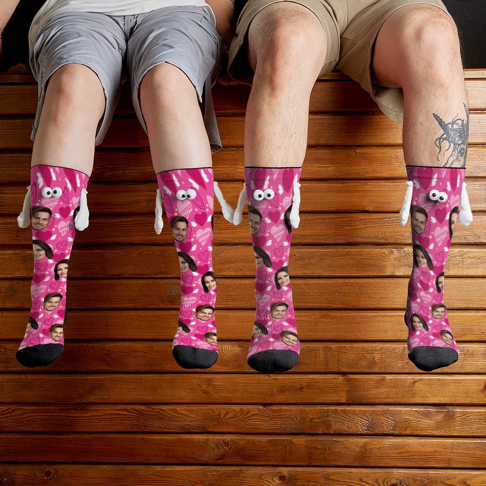 Custom Face Socks Funny Doll Mid Tube Socks Magnetic Holding Hands Socks Pink Heart Valentine's Day Gifts - MyFaceSocksEU