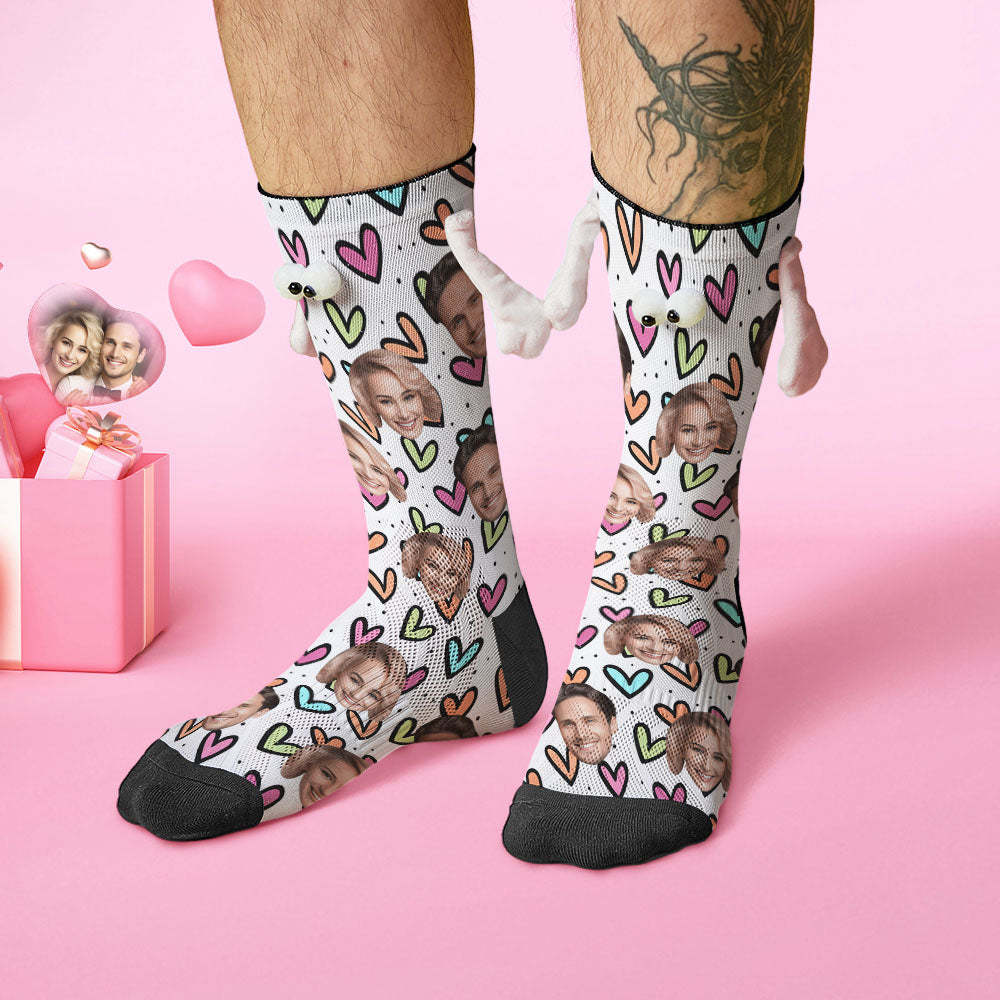 Custom Face Socks Funny Doll Mid Tube Socks Magnetic Holding Hands Socks Colorful Hearts Valentine's Day Gifts - MyFaceSocksEU