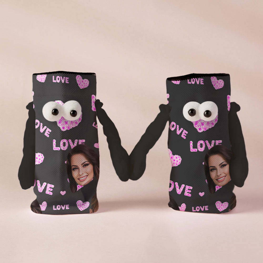 Custom Face Socks Funny Doll Mid Tube Black Socks Magnetic Holding Hands Socks Pink Love Valentine's Day Gifts - MyFaceSocksEU