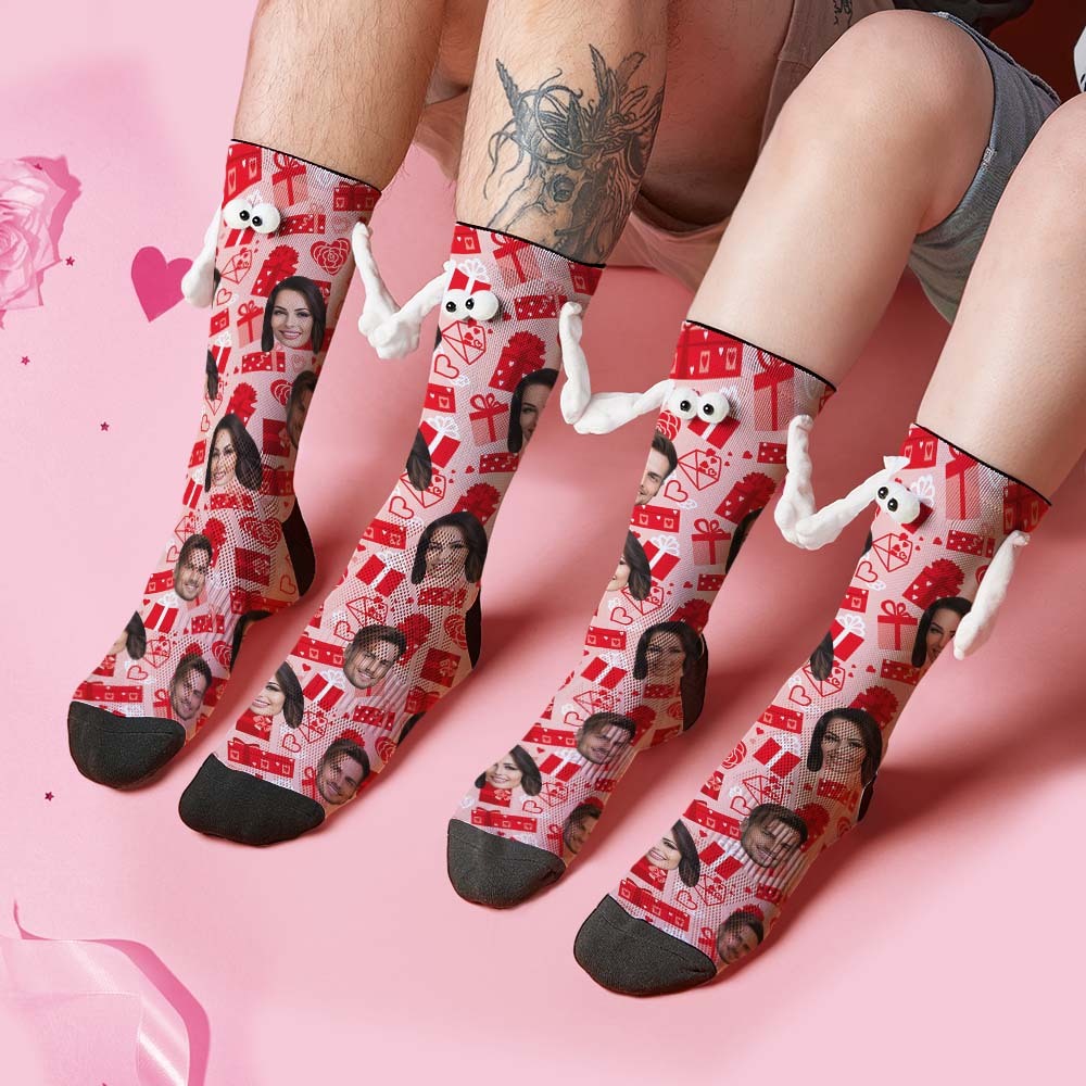 Custom Face Socks Funny Doll Mid Tube Red Socks Magnetic Holding Hands Socks Valentine's Day Gifts - MyFaceSocksEU