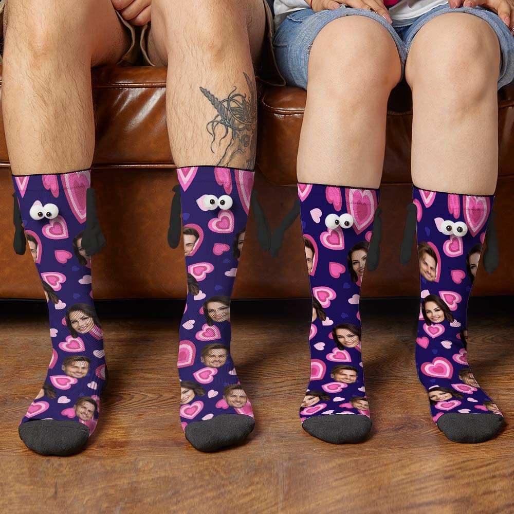 Custom Face Socks Funny Doll Mid Tube Purple Socks Magnetic Holding Hands Socks Pink Heart Valentine's Day Gifts - MyFaceSocksEU