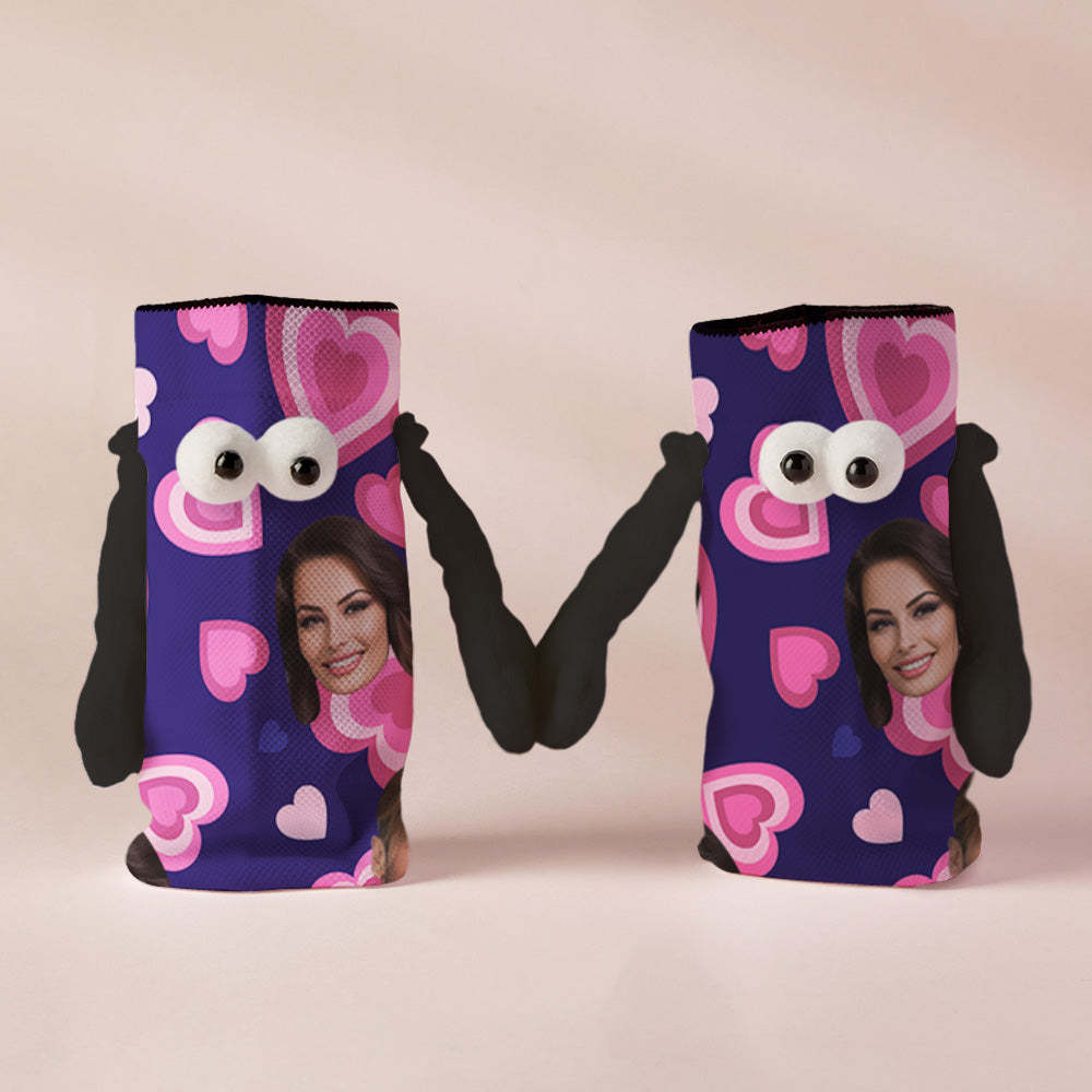 Custom Face Socks Funny Doll Mid Tube Purple Socks Magnetic Holding Hands Socks Pink Heart Valentine's Day Gifts - MyFaceSocksEU