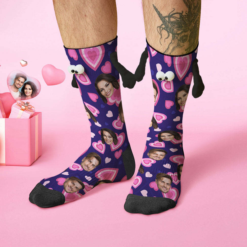 Custom Face Socks Funny Doll Mid Tube Purple Socks Magnetic Holding Hands Socks Pink Heart Valentine's Day Gifts - MyFaceSocksEU