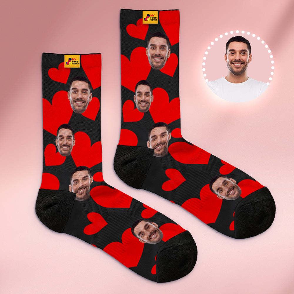 Custom Breathable Face Socks Online Preview Add Pictures Red Hearts  Valentine's Day Gifts for Couple - MyFaceSocksEU