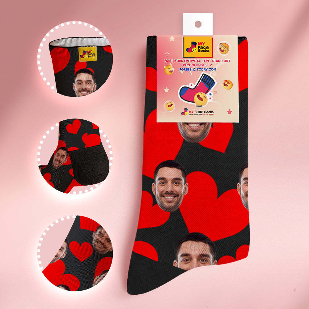 Custom Breathable Face Socks Online Preview Add Pictures Red Hearts  Valentine's Day Gifts for Couple - MyFaceSocksEU