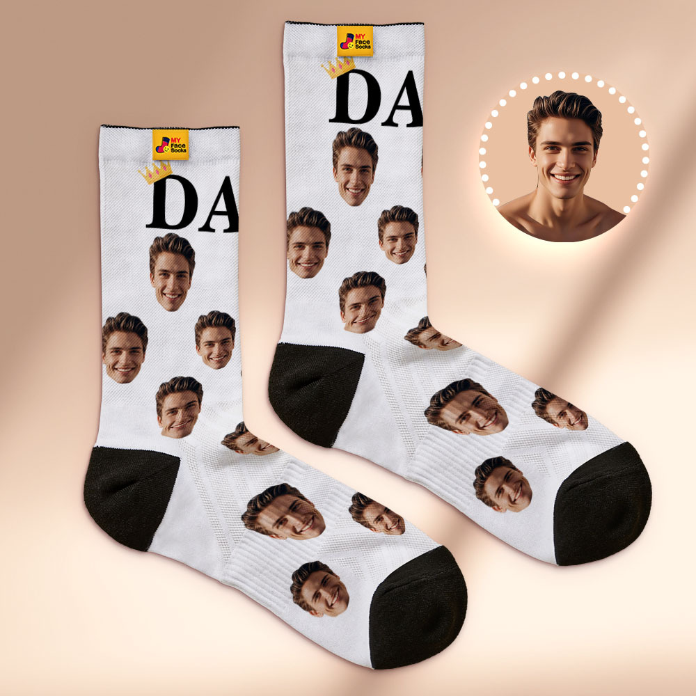 Custom Full Face Photo Print Socks, Colorful Crown Dad Socks Personalized Custom Design Best Gift For Dad - myfacesockseu