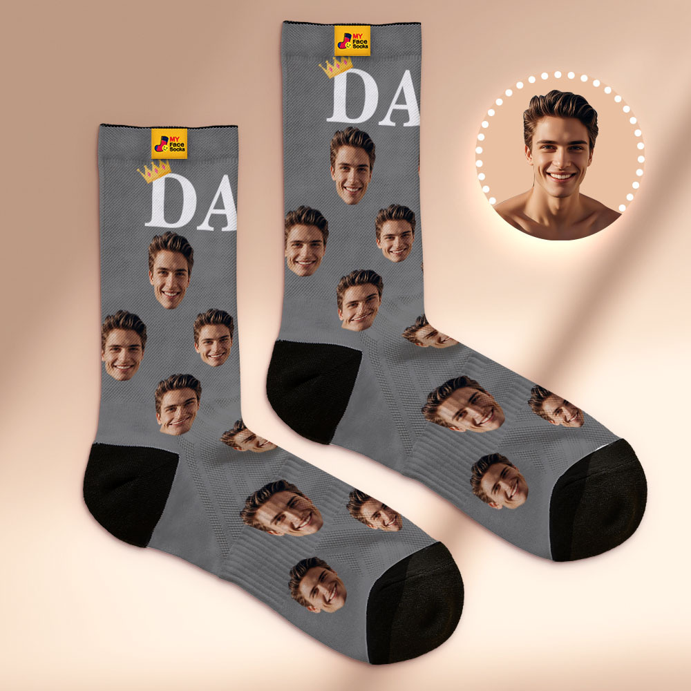 Custom Full Face Photo Print Socks, Colorful Crown Dad Socks Personalized Custom Design Best Gift For Dad - myfacesockseu