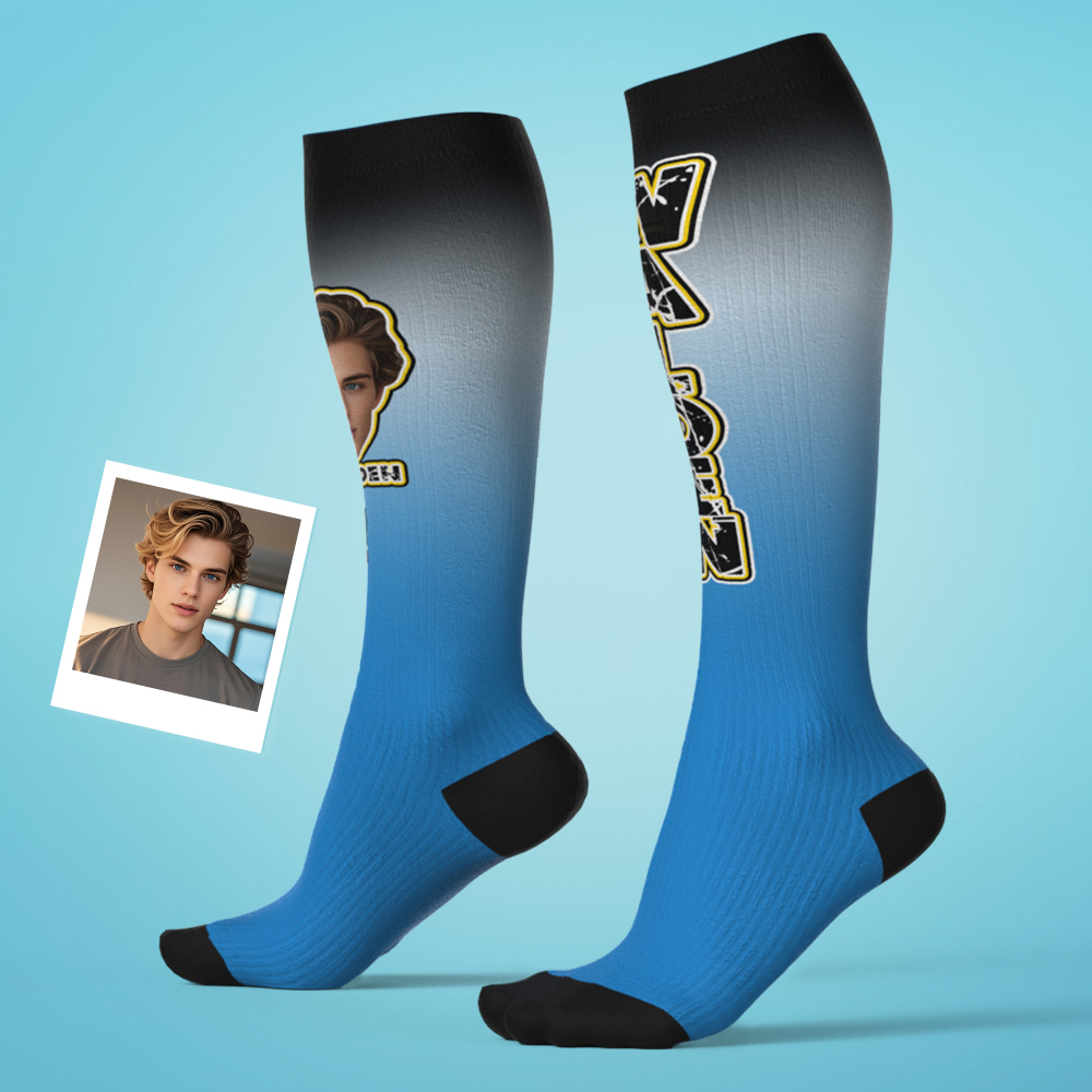 Custom Athletic Knee High Socks Gradient Blue And Yellow High Socks Personalized Compression Socks Face and Text Knee High Socks - myfacesockseu