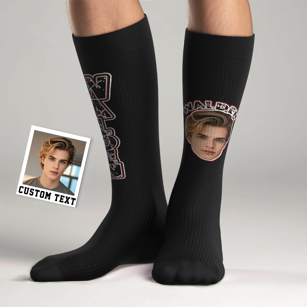 Custom Athletic Knee High Socks Blue High Socks Personalized Compression Socks Face and Text Knee High Socks - myfacesockseu